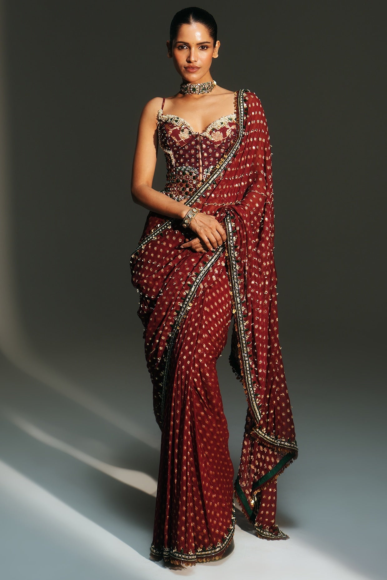 Rent Mahima Mahajan Sindoori Red Banarasi Georgette Pre-Draped Saree Set