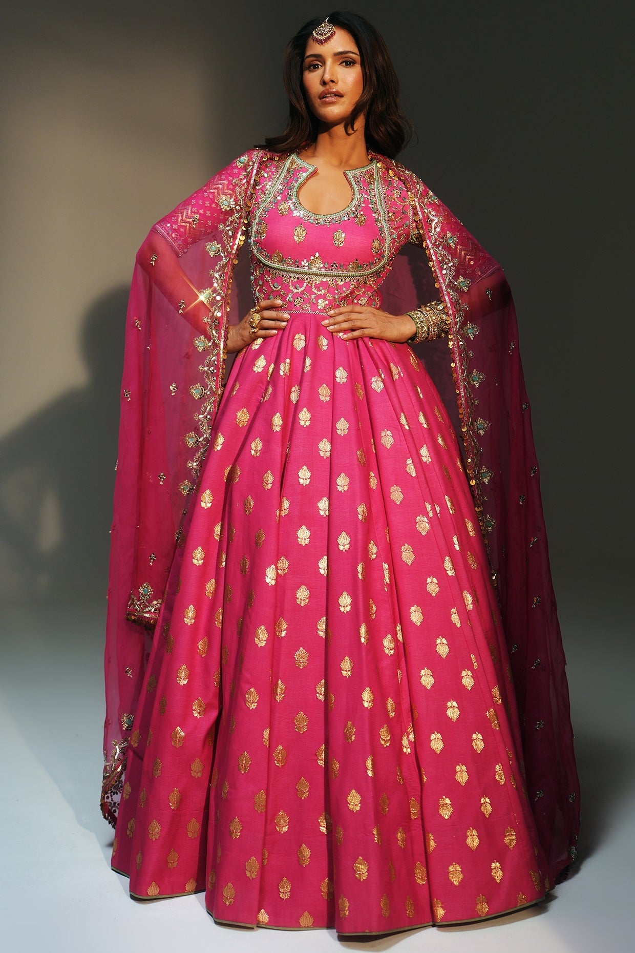 Rent Mahima Mahajan Rani Pink Banarasi Silk Chanderi Anarkali Set