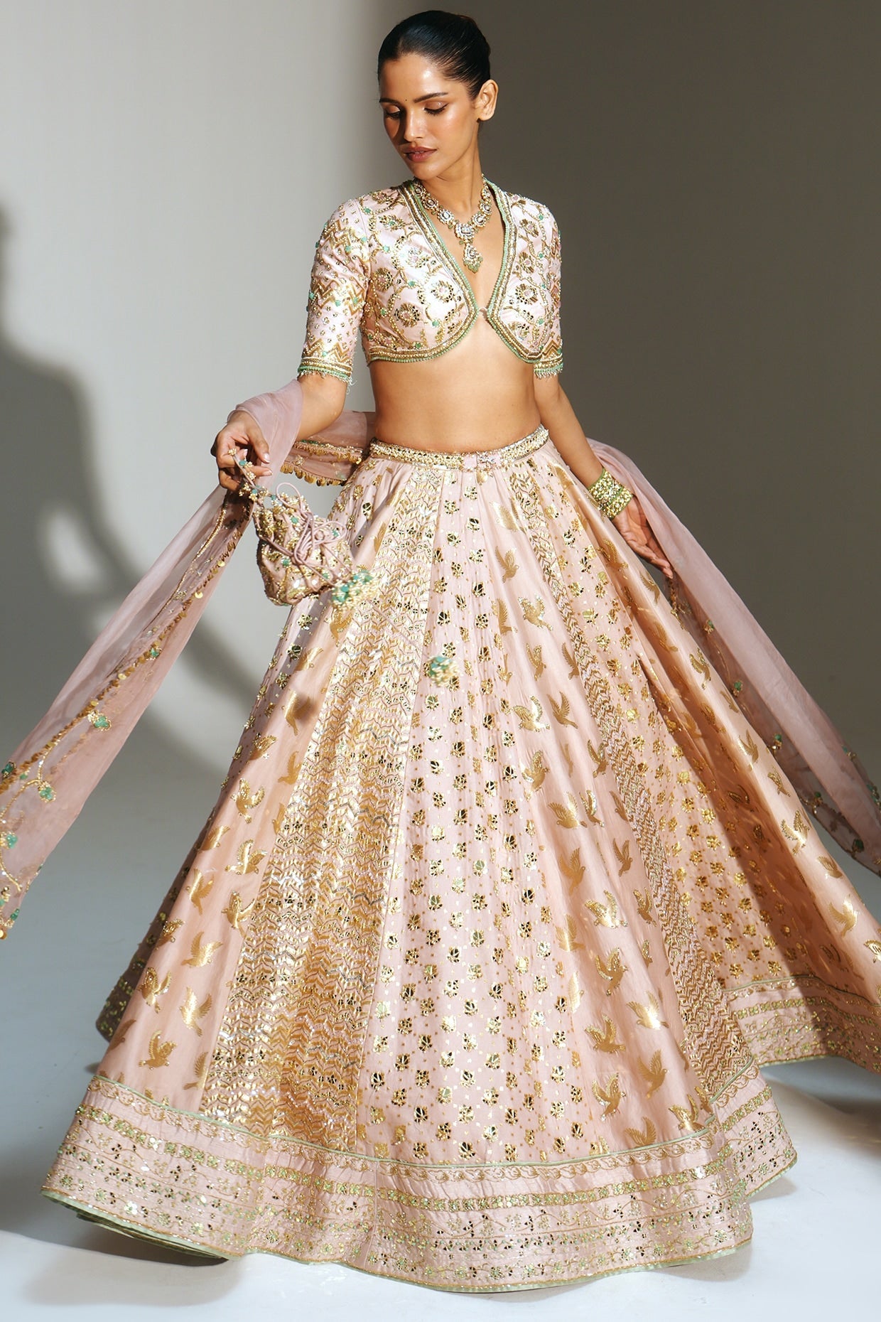 Rent Mahima Mahajan Blush Pink Banarasi Silk Chanderi Lehenga Set