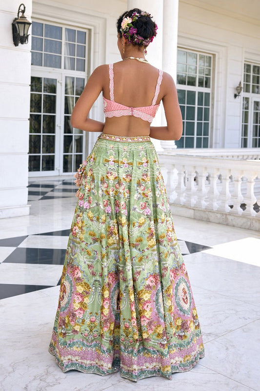 Rent Green and pink floral printed lehenga set