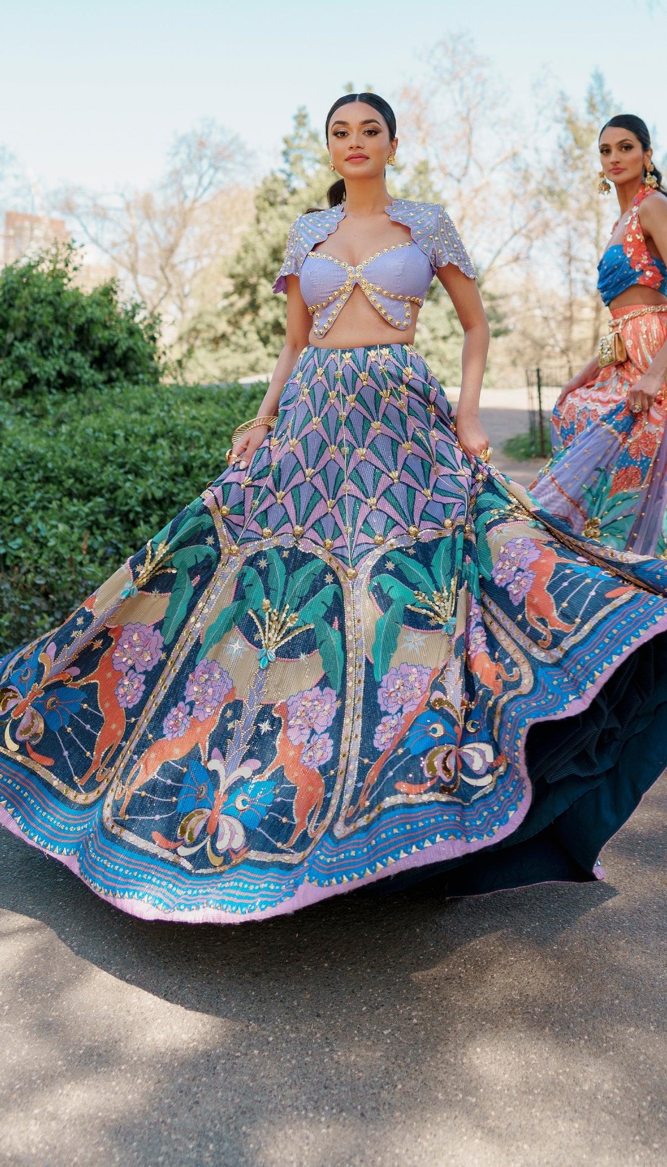 Rent Papa Don't Preach By Shubhika - Butterfly Blouse Blue Embellished Lehenga - Couture Encore