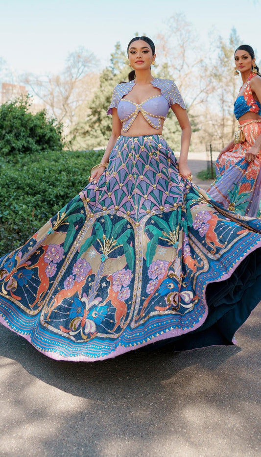 Rent Papa Don't Preach By Shubhika - Butterfly Blouse Blue Embellished Lehenga - Couture Encore