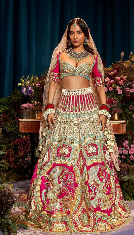 Papa Dont Preach By Shubhika - Ivory And Red Love Story Lehenga Set - Couture Encore