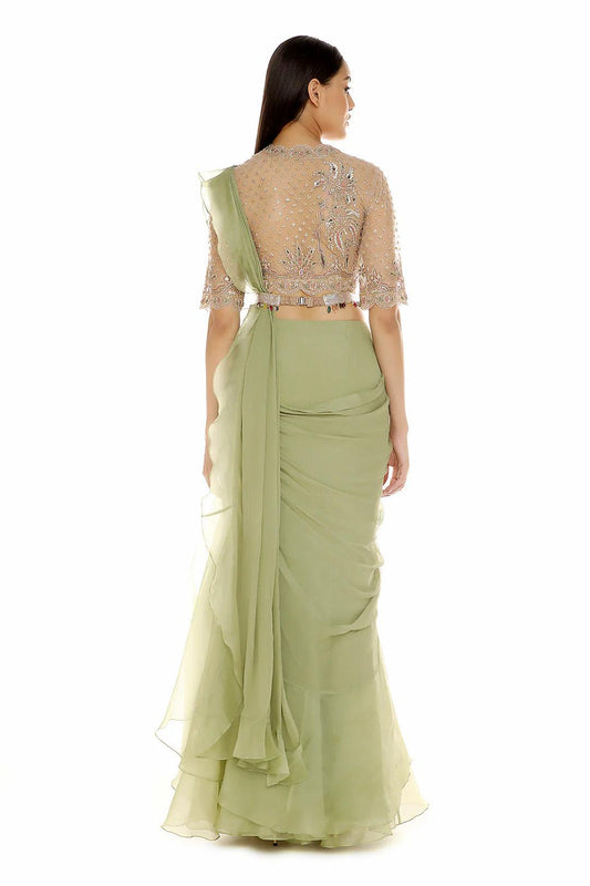Rent Ridhi Mehra Green Chiffon Organza Draped Ruffle Saree - Couture Encore