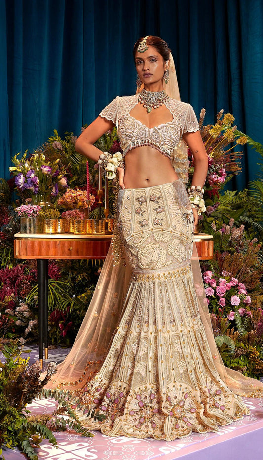 Papa Don't Preach By Shubhika - Aria Ivory Pearl Lehenga Set - Couture Encore
