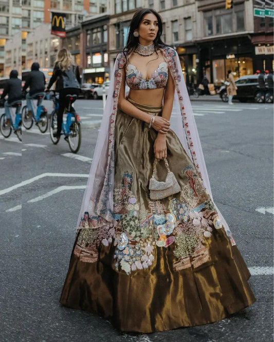 Aisha Rao - Gold & Copper Embellished Lehenga Set - Couture Encore