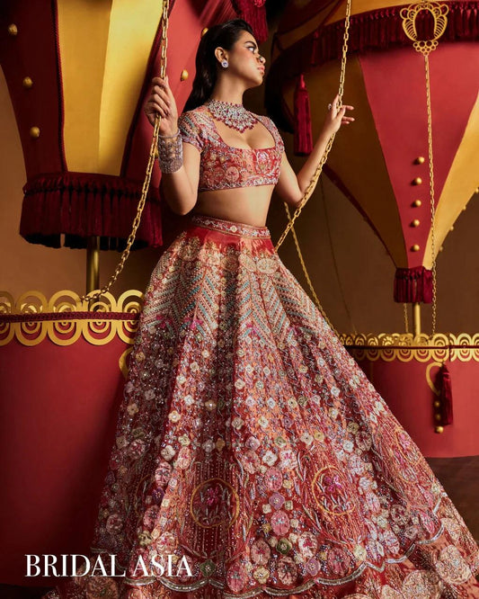 Aisha Rao - Red Tissue Kalidar Lehenga Set - Couture Encore