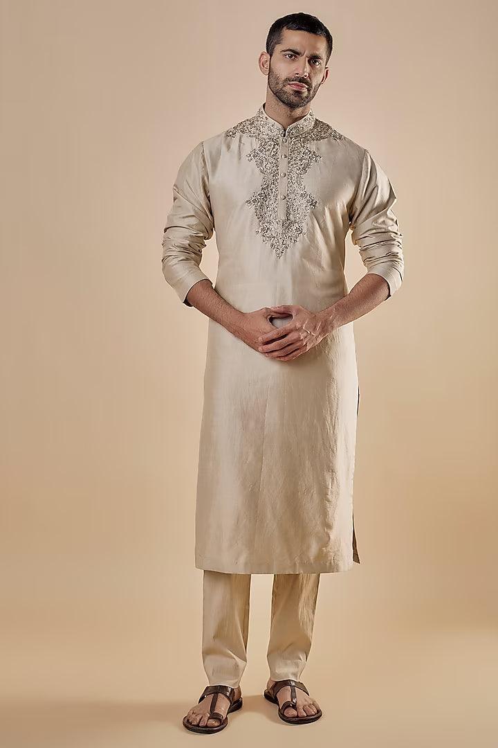 Jayanti Reddy Men - Beige Silk Embroidered Kurta Set - Couture Encore