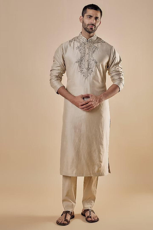 Jayanti Reddy Men - Beige Silk Embroidered Kurta Set - Couture Encore