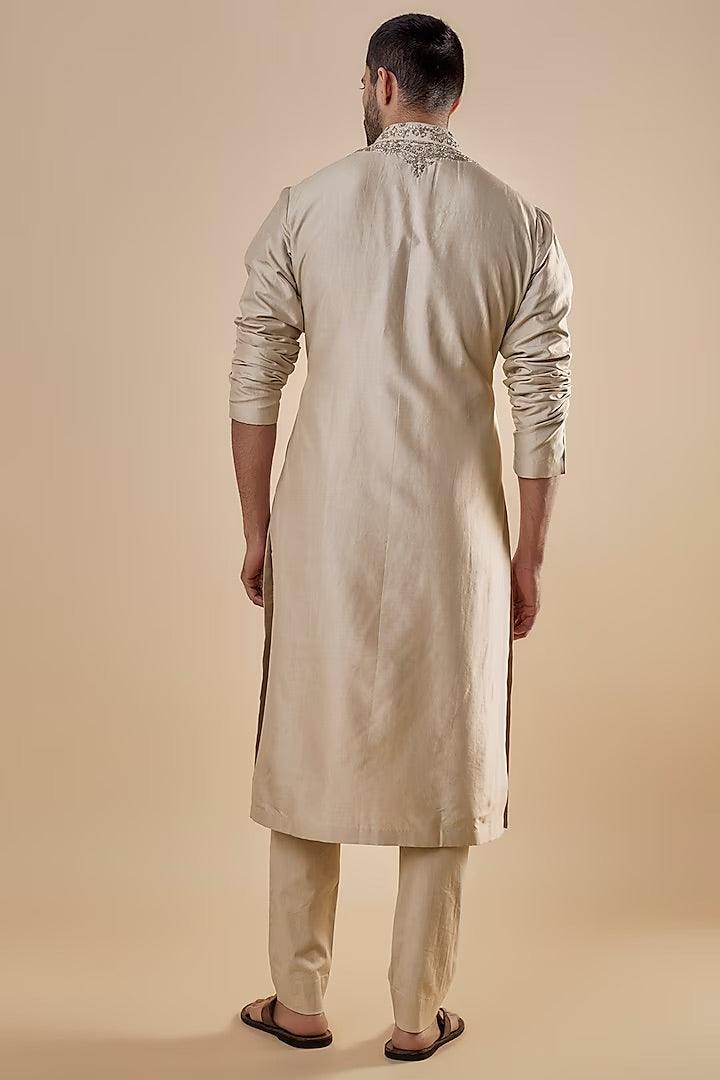 Jayanti Reddy Men - Beige Silk Embroidered Kurta Set - Couture Encore