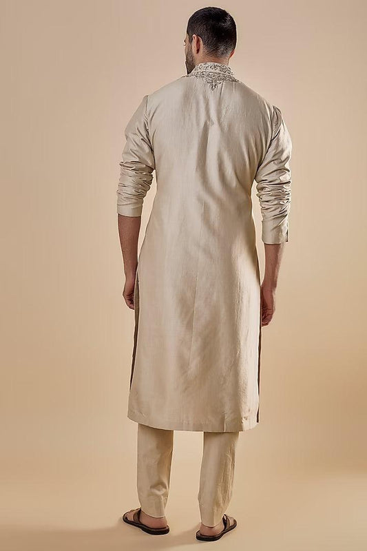 Jayanti Reddy Men - Beige Silk Embroidered Kurta Set - Couture Encore
