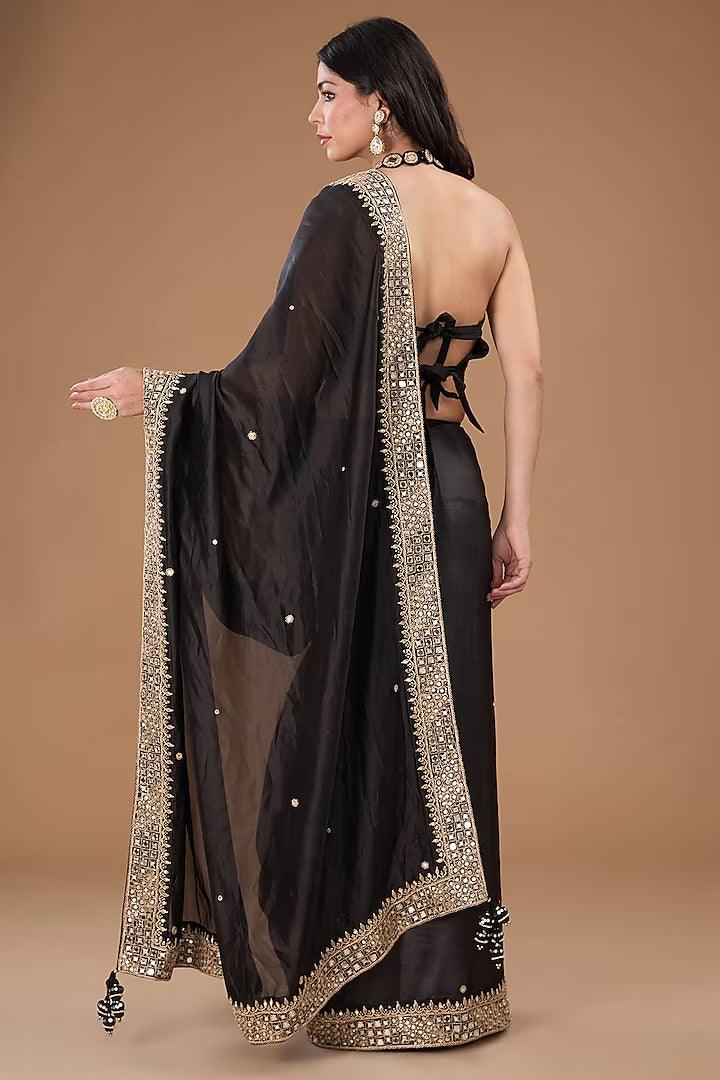 Punit Balana - Black Organza Silk Mirror Work Saree Set - Couture Encore