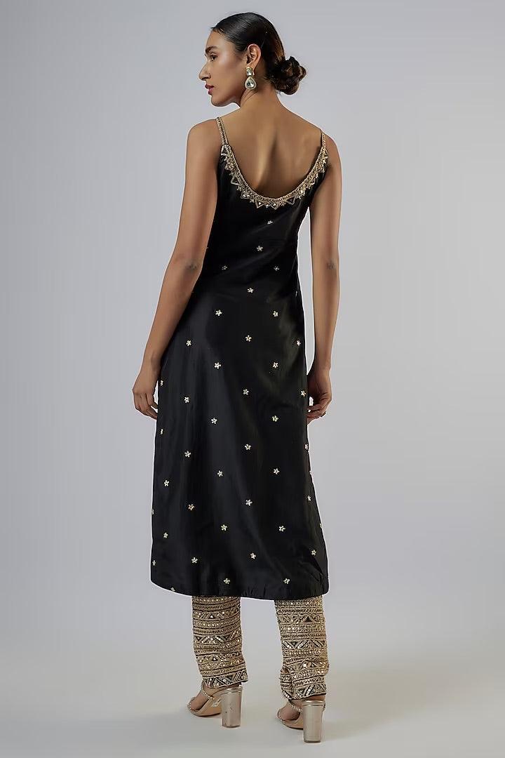 Punit Balana - Black Silk & Organza Silk Mirror Embroidered Strappy Kurta Set - Couture Encore