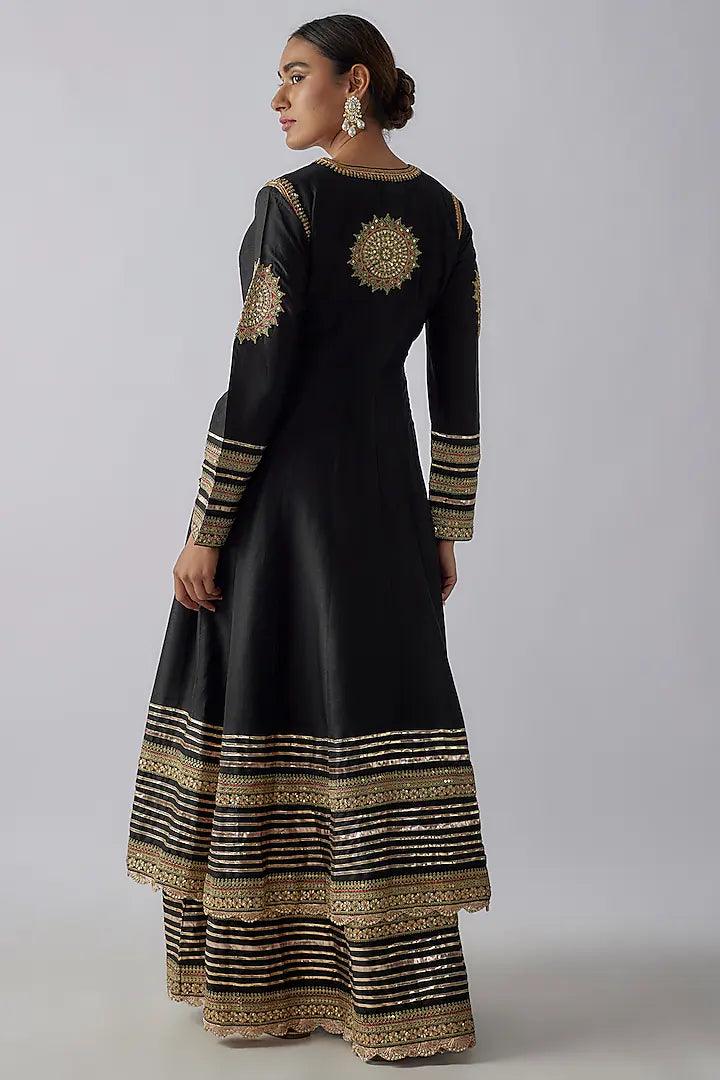 Gopi Vaid - Black Tussar Embroidered Anarkali - Couture Encore