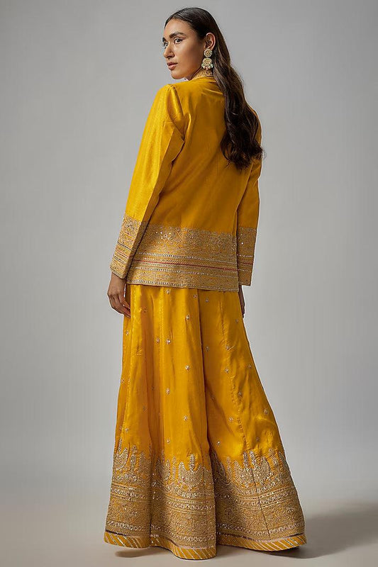 Gopi Vaid - Yellow Tussar Embroidered Sharara Set - Couture Encore