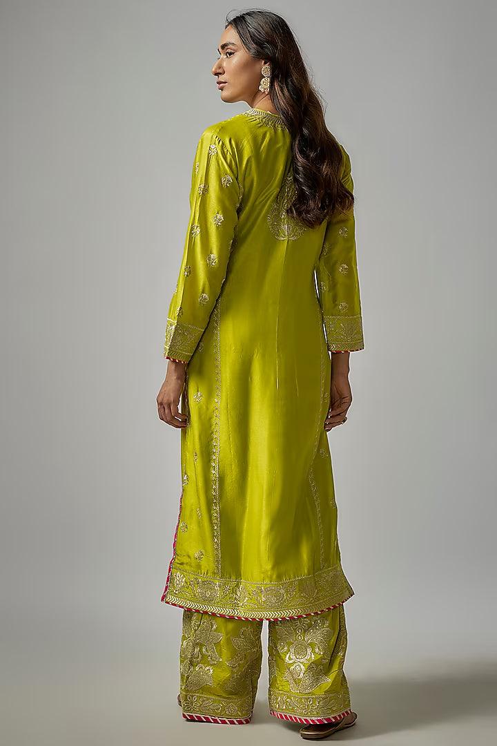 Gopi Vaid - Green Tussar Motif Embroidered Palazzo Pant Set - Couture Encore