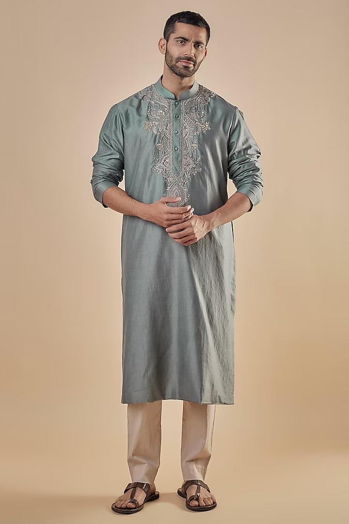 Jayanti Reddy Men - Grey Silk Embroidered Kurta Set - Couture Encore