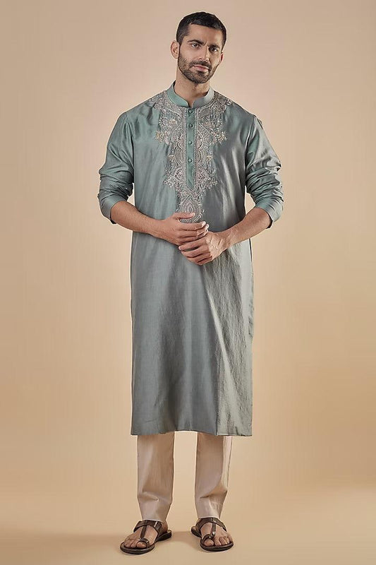 Jayanti Reddy Men - Grey Silk Embroidered Kurta Set - Couture Encore