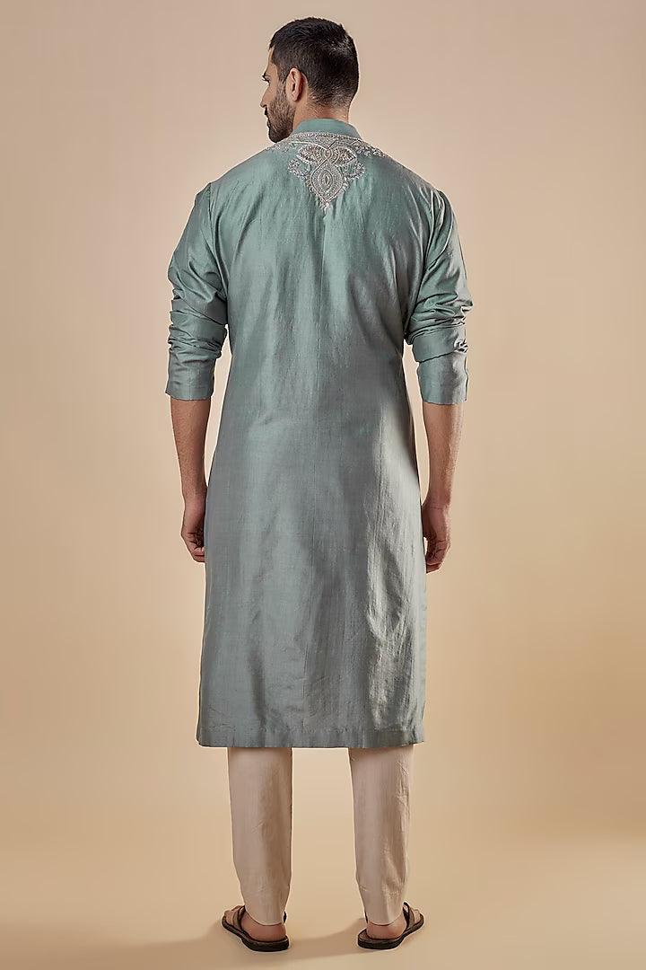 Jayanti Reddy Men - Grey Silk Embroidered Kurta Set - Couture Encore
