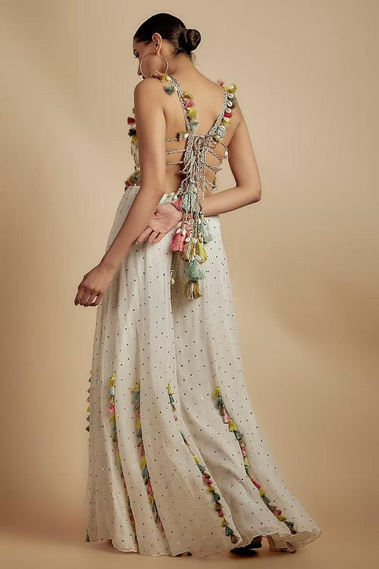 Payal Singhal - Ivory Georgette Stone Embroidered Sharara Set - Couture Encore