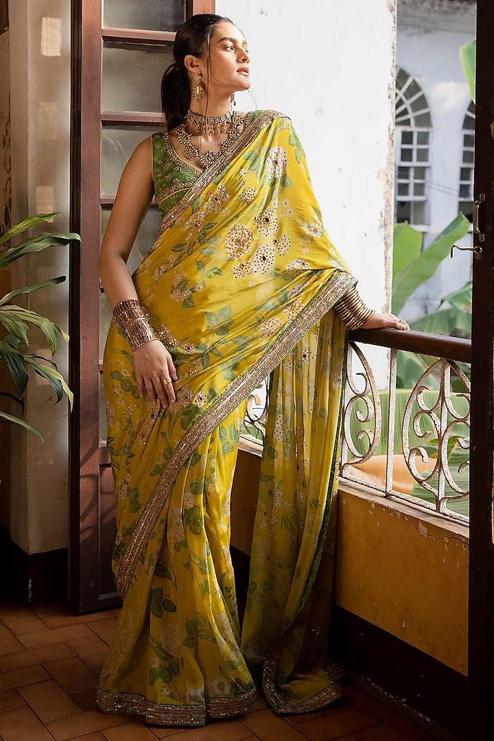 Paulmi & Harsh - Lime Yellow Crepe Printed Saree Set - Couture Encore