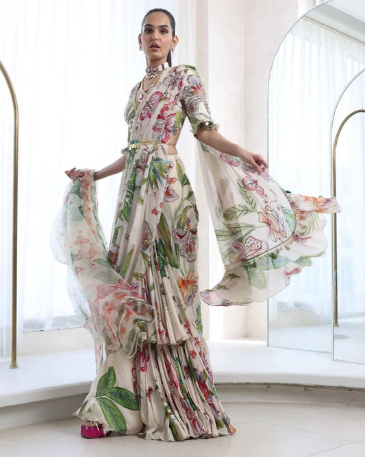 Rent Mahima Mahajan Ivory Pre-Draped Saree - Couture Encore