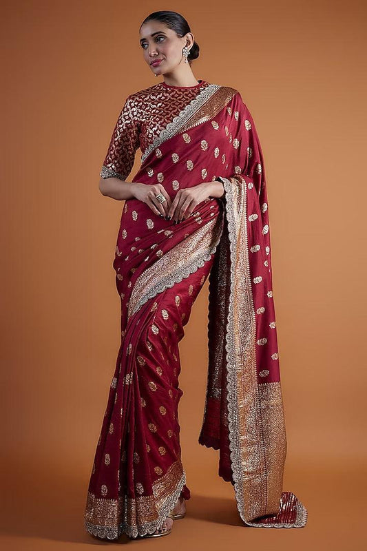 Jayanti Reddy - Maroon Banarasi Silk Embroidered Saree Set - Couture Encore