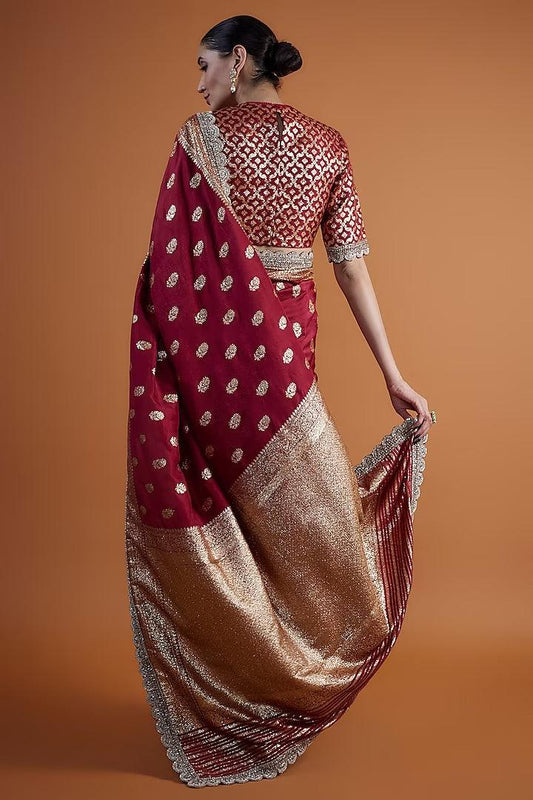Jayanti Reddy - Maroon Banarasi Silk Embroidered Saree Set - Couture Encore