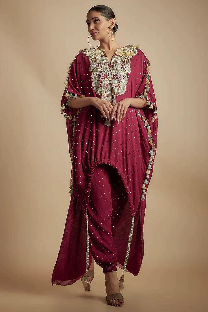 Payal Singhal - Maroon Mukaish Georgette Applique Embroidered High-Low Kurta Set - Couture Encore