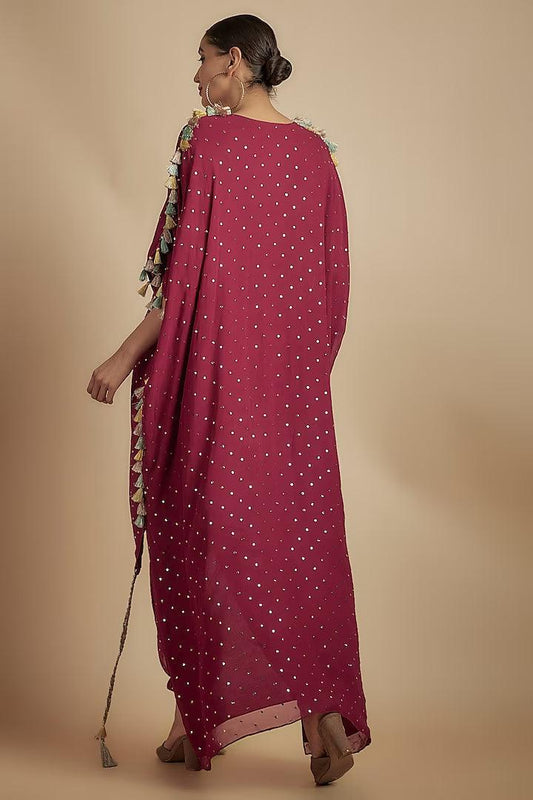 Payal Singhal - Maroon Mukaish Georgette Applique Embroidered High-Low Kurta Set - Couture Encore