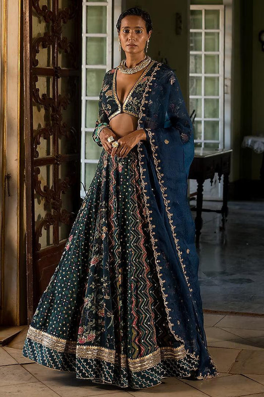 Paulmi & Harsh - Navy Blue Organza Printed Lehenga Set - Couture Encore