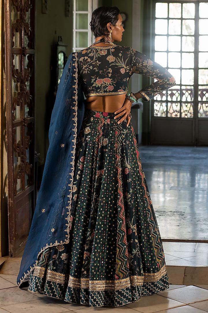 Paulmi & Harsh - Navy Blue Organza Printed Lehenga Set - Couture Encore