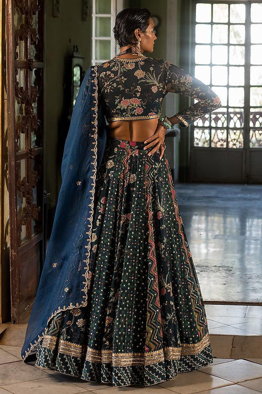 Paulmi & Harsh - Navy Blue Organza Printed Lehenga Set - Couture Encore