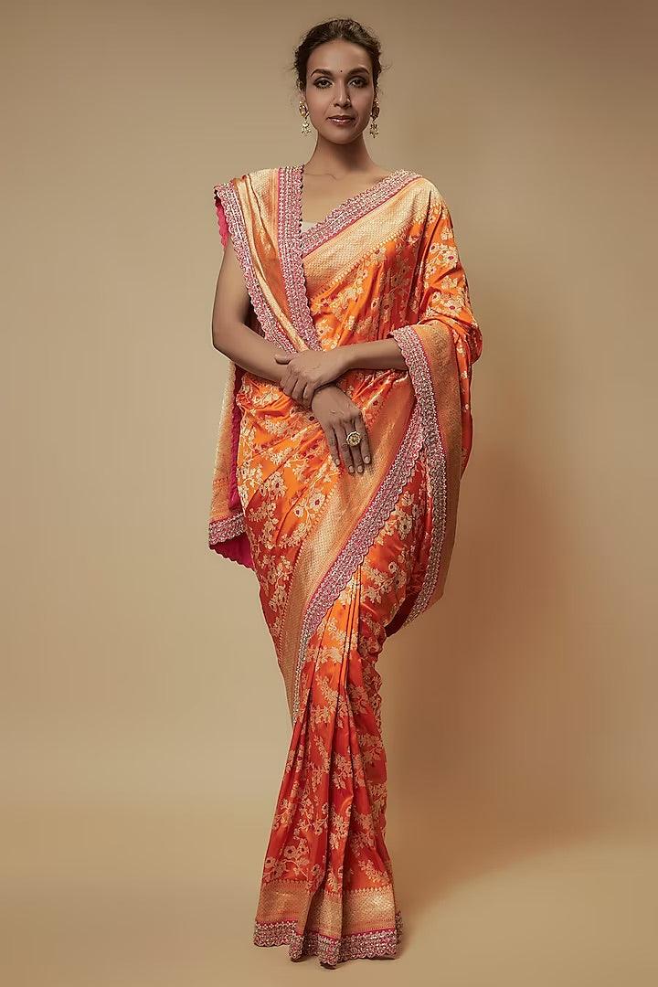Anushree Reddy - Orange Banarasi Silk Zardosi Embroidered Handwoven Saree Set - Couture Encore