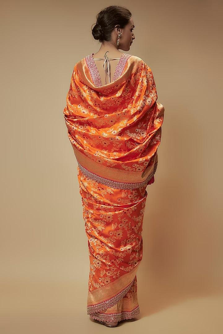 Anushree Reddy - Orange Banarasi Silk Zardosi Embroidered Handwoven Saree Set - Couture Encore