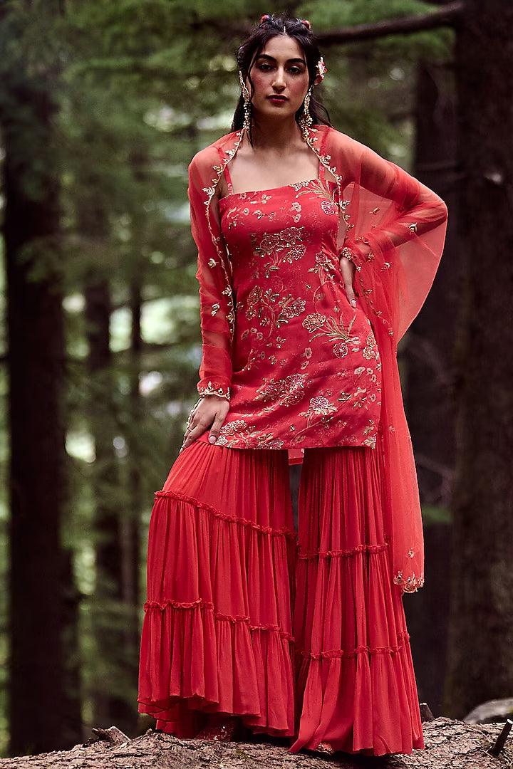 Paulmi & Harsh - Poppy Red Georgette Sharara Set - Couture Encore