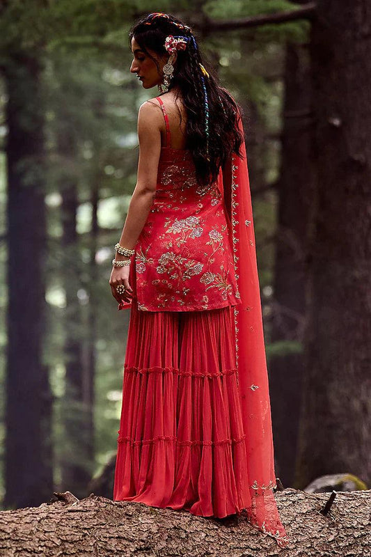 Paulmi & Harsh - Poppy Red Georgette Sharara Set - Couture Encore