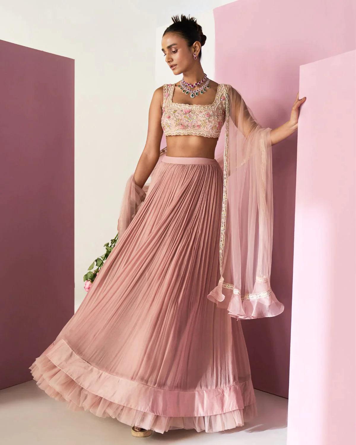 Ridhi Mehra - Pink Organza Lehenga Skirt Set - Couture Encore