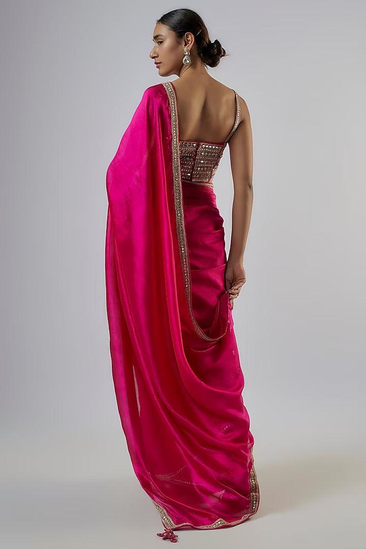 Punit Balana - Rani Pink Organza Silk Patra Work Saree Set - Couture Encore