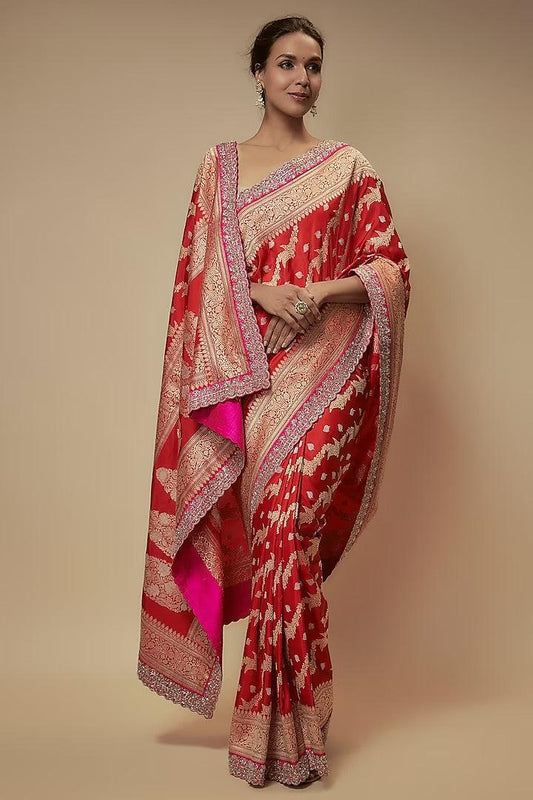 Anushree Reddy - Red Banarasi Silk Zardosi Embroidered Handwoven Saree Set - Couture Encore