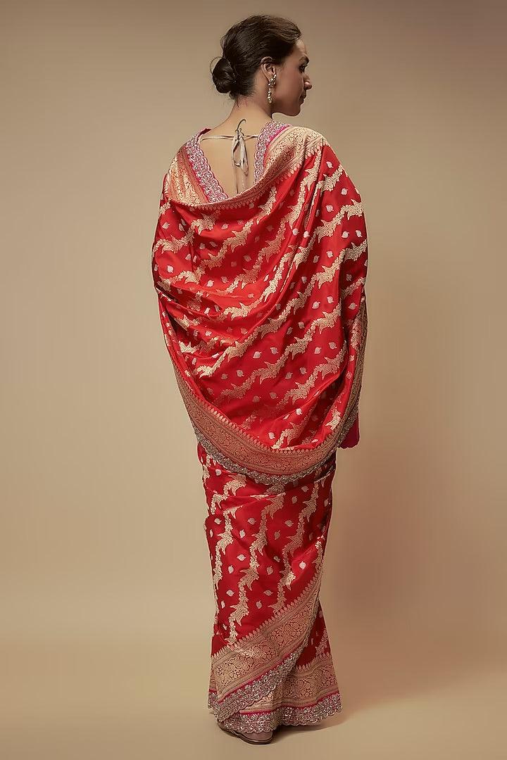 Anushree Reddy - Red Banarasi Silk Zardosi Embroidered Handwoven Saree Set - Couture Encore