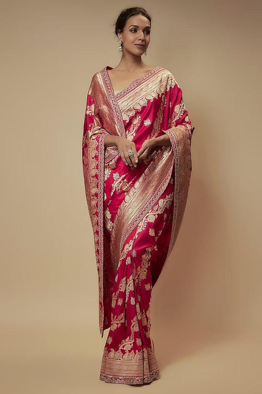 Anushree Reddy - Red Banarasi Silk Zardosi Embroidered Saree Set - Couture Encore