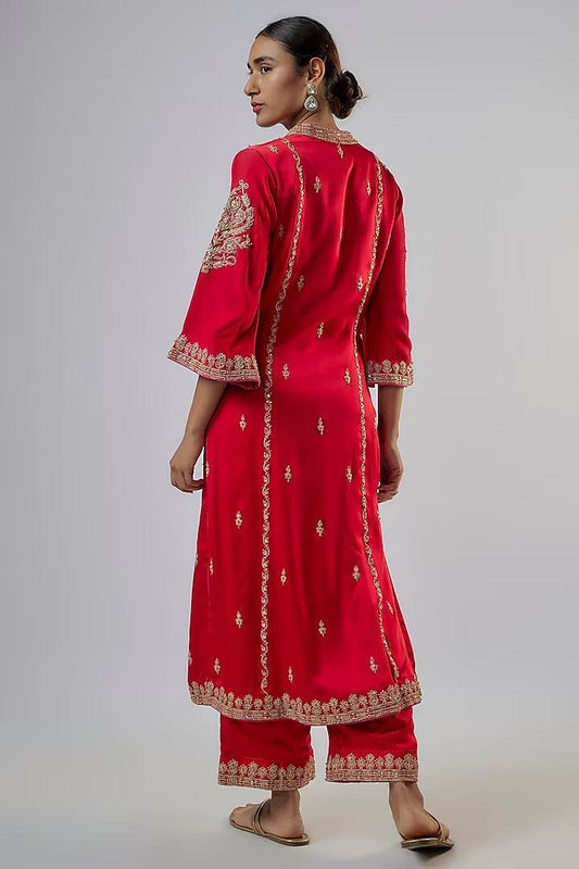 Punit Balana - Red Pure Satin Marodi Work Kurta Set - Couture Encore