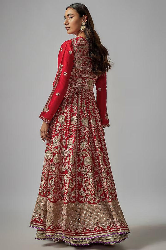 Gopi Vaid - Red Tussar Thread Work Kalidar Anarkali Set - Couture Encore