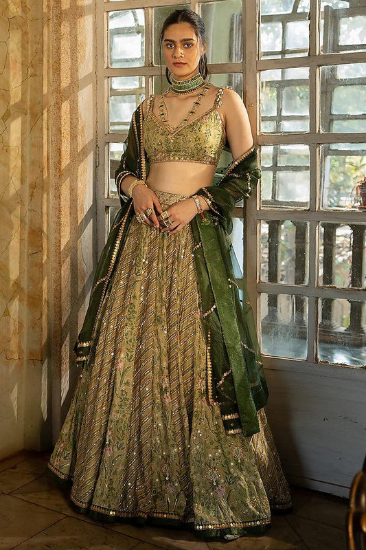 Paulmi & Harsh - Sage Green Cotton Silk Printed Lehenga Set - Couture Encore