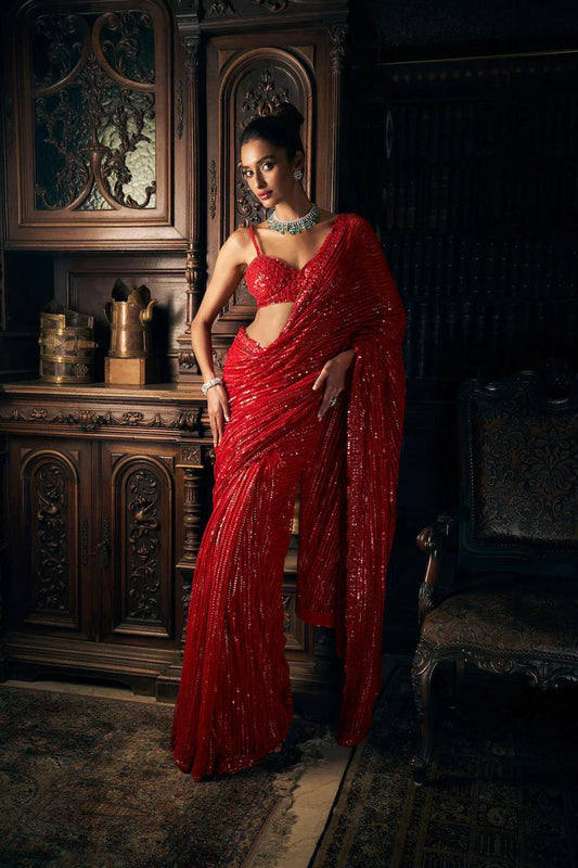 Rent Seema Gujral Red Sequin Net Saree Set - Couture Encore
