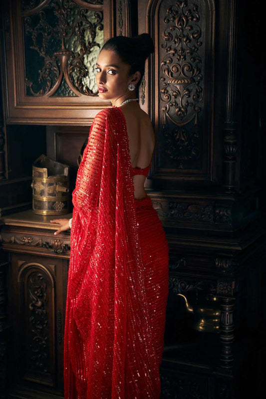 Rent Seema Gujral Red Sequin Net Saree Set - Couture Encore