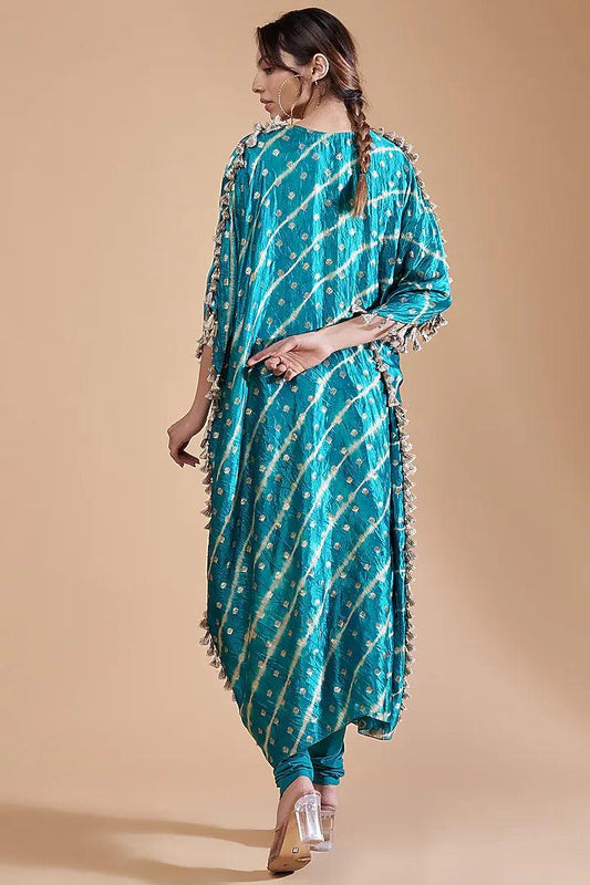 Payal Singhal - Teal Leheriya Silk Hand Embroidered Kaftan Set - Couture Encore