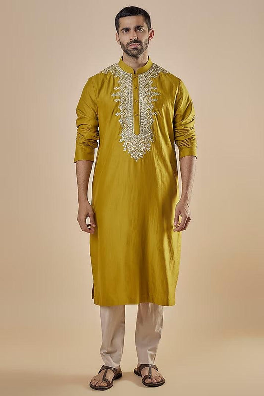 Jayanti Reddy Men - Yellow Silk Embroidered Kurta Set - Couture Encore