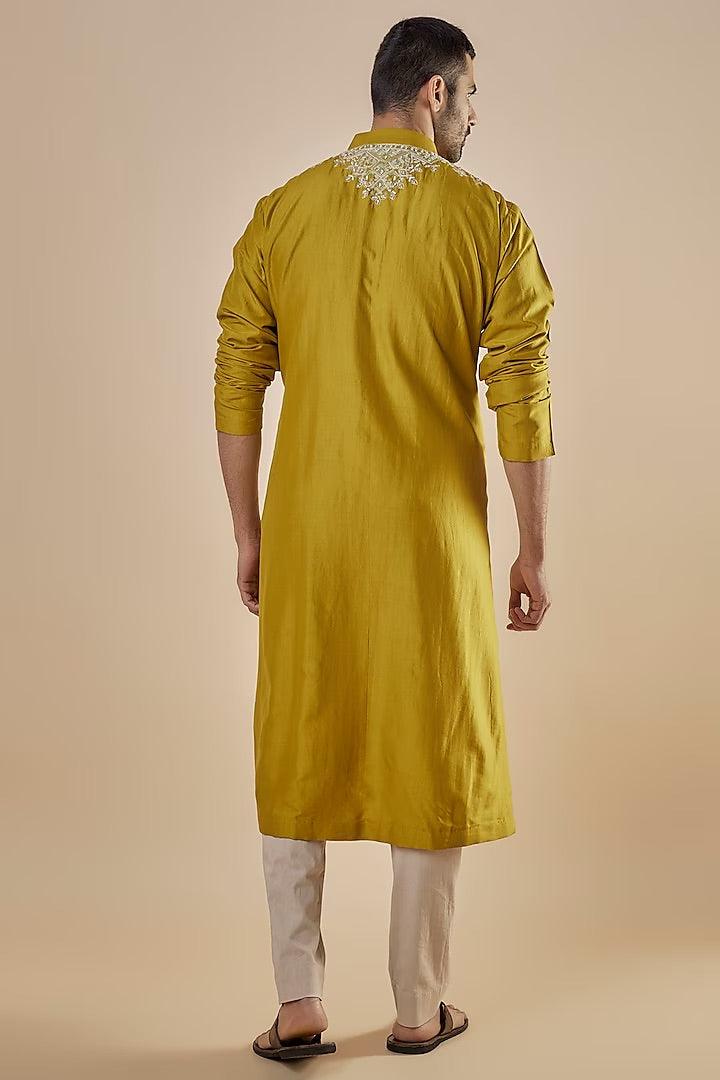Jayanti Reddy Men - Yellow Silk Embroidered Kurta Set - Couture Encore